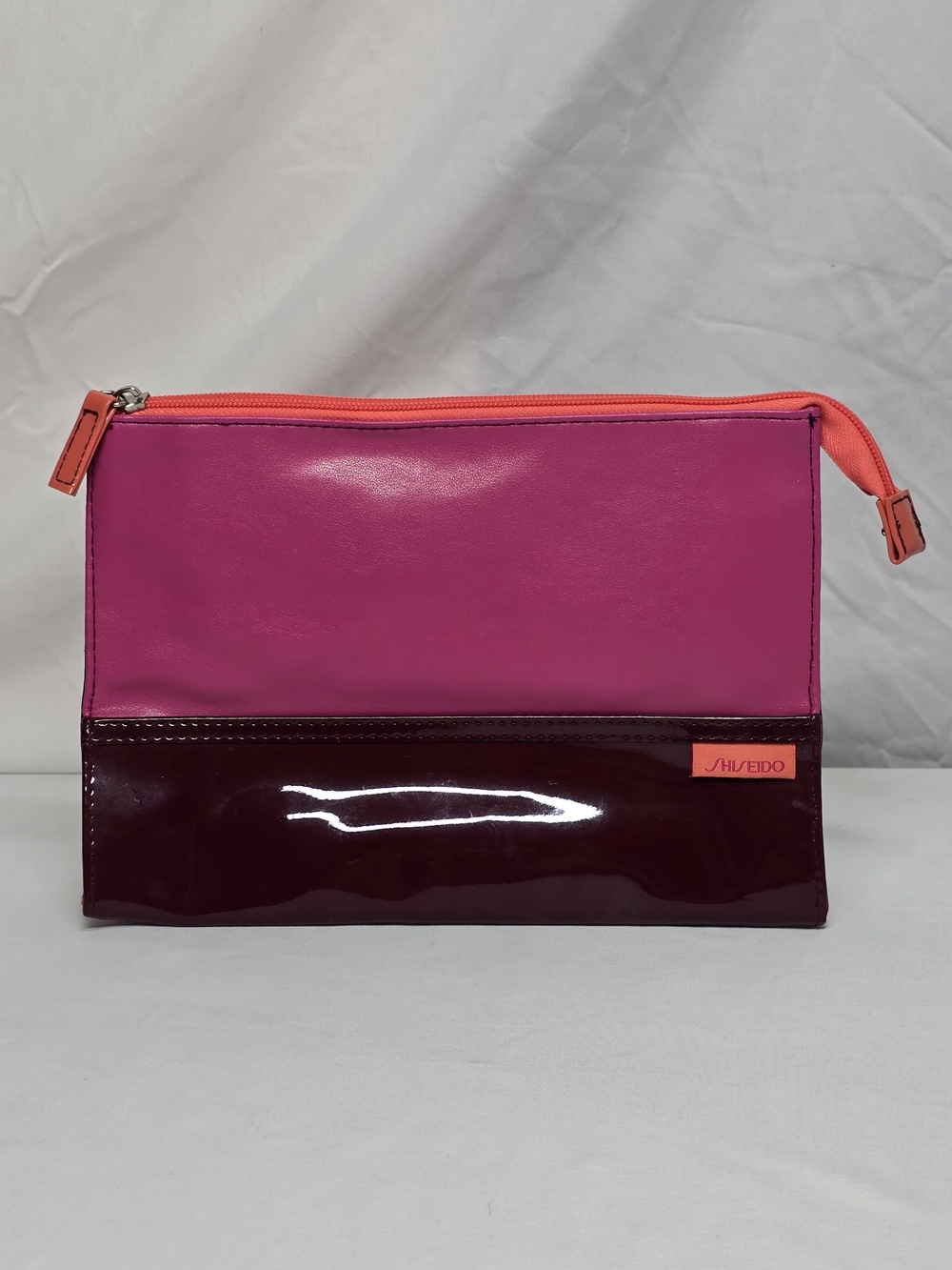 Shiseido Fuchsia and Burgundy Cosmetic Pouch with Coral Zipper